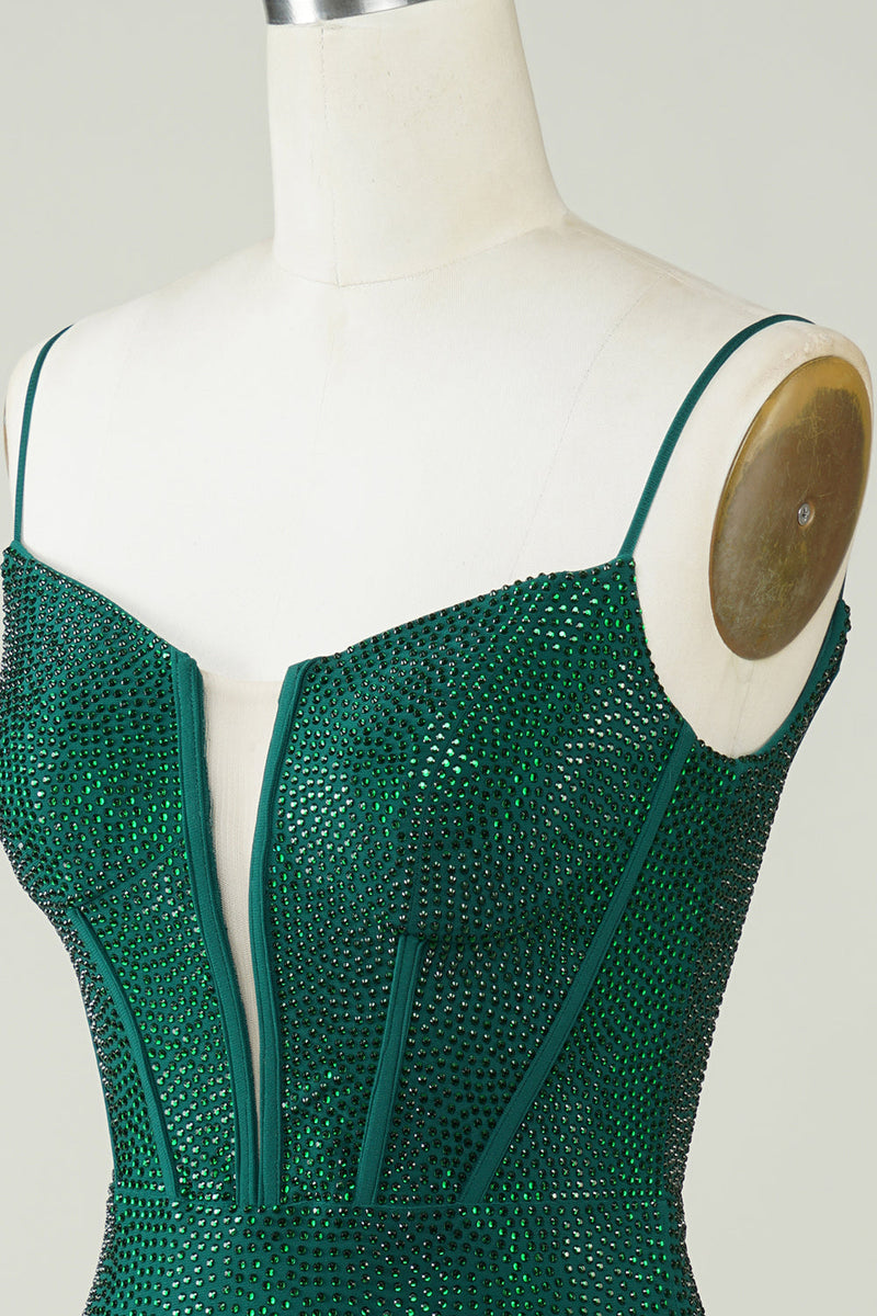 Załaduj obraz do przeglądarki galerii, Sparkly Bodycon Spaghetti Straps Ciemnozielona krótka sukienka Homecoming z frezowaniem
