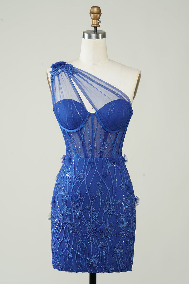 Załaduj obraz do przeglądarki galerii, Unikalna pochwa Jedno ramię Royal Blue Krótka sukienka Homecoming z aplikacjami