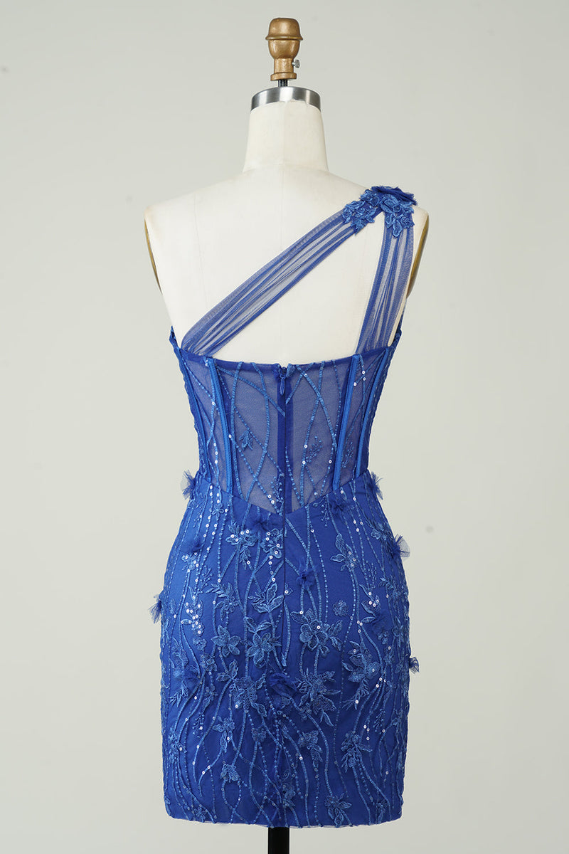 Załaduj obraz do przeglądarki galerii, Unikalna pochwa Jedno ramię Royal Blue Krótka sukienka Homecoming z aplikacjami