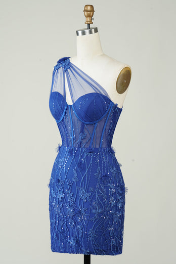 Unikalna pochwa Jedno ramię Royal Blue Krótka sukienka Homecoming z aplikacjami