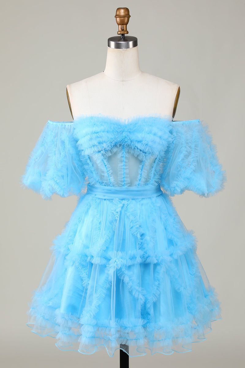 Załaduj obraz do przeglądarki galerii, Tiulowa Niebieska Gorsetowa Sukienki Na Impreze z Odkrytymi Ramionami