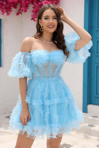 Niebieski Tiulowa Krótkie Sukienki Koktajlowe z Gorsetem