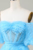 Załaduj obraz do przeglądarki galerii, Tiulowa Niebieska Gorsetowa Sukienki Na Impreze z Odkrytymi Ramionami