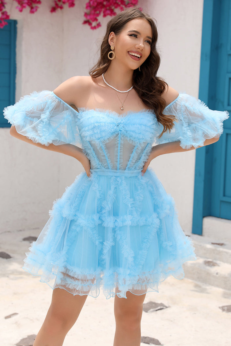 Załaduj obraz do przeglądarki galerii, Niebieski Tiulowa Krótkie Sukienki Koktajlowe z Gorsetem