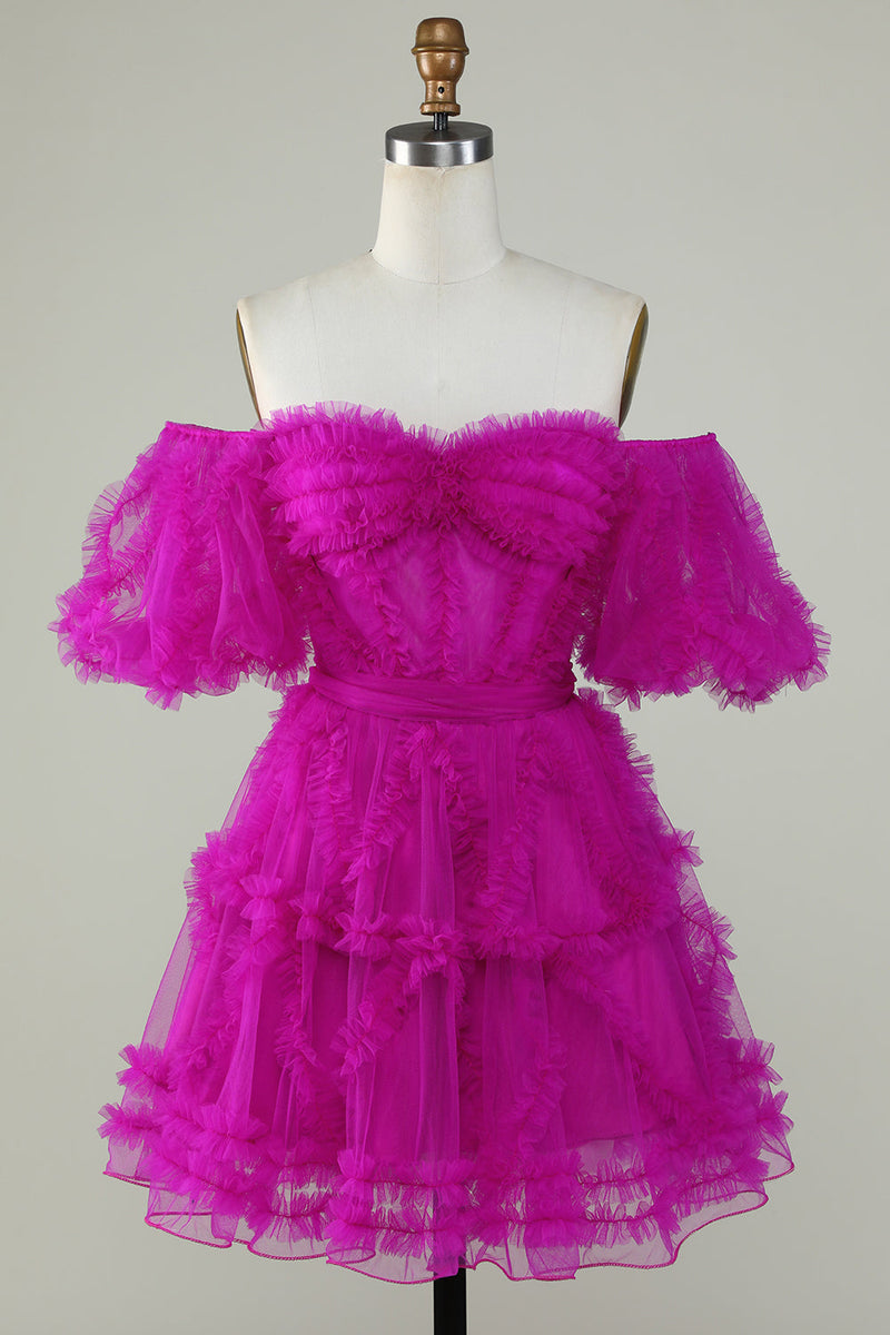 Załaduj obraz do przeglądarki galerii, Stylowa linia z ramienia Fioletowy tiul Gorset Homecoming Dress