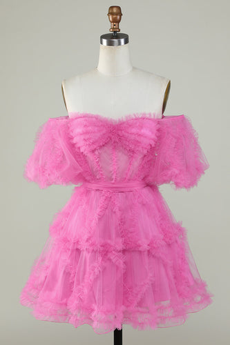 Śliczna Linia Z Ramienia Różowa Tiulowa Sukienki Na Impreze