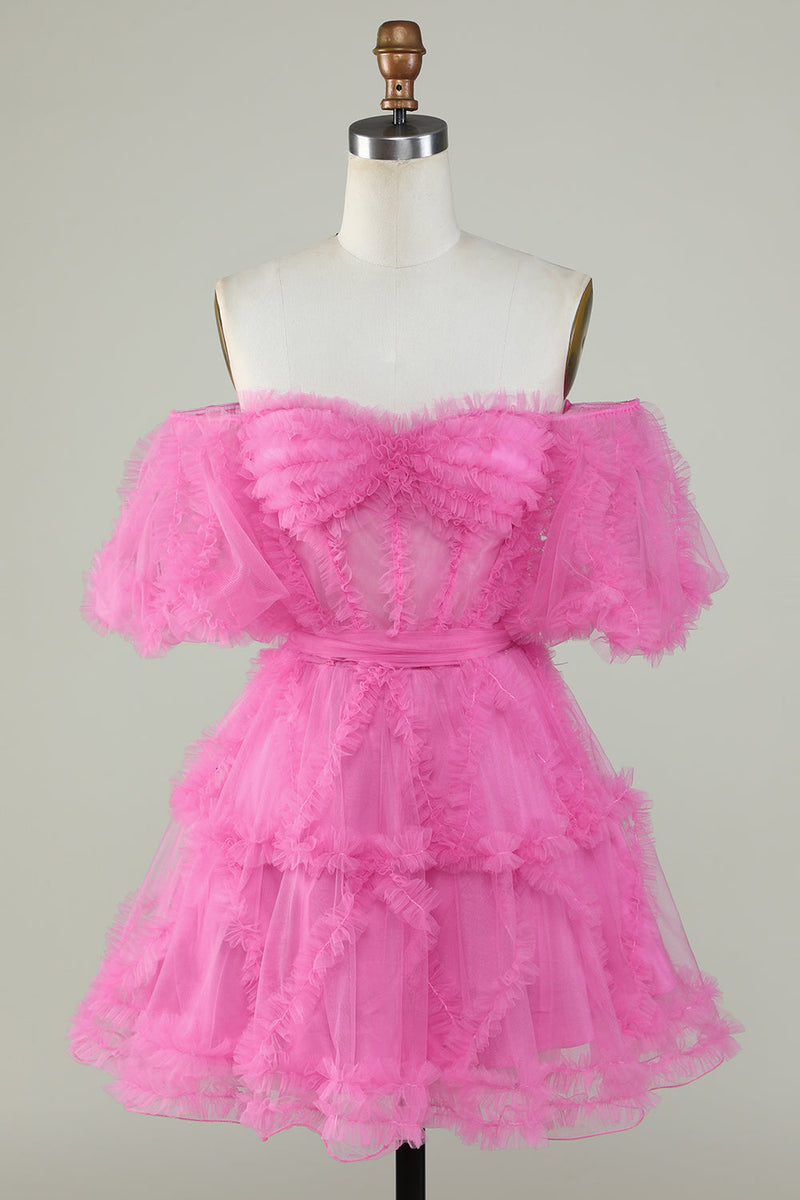 Załaduj obraz do przeglądarki galerii, Śliczna Linia Z Ramienia Różowa Tiulowa Sukienki Na Impreze