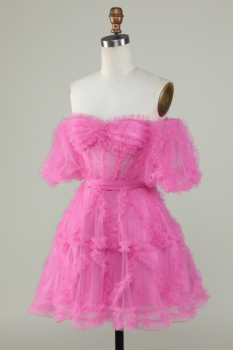 Załaduj obraz do przeglądarki galerii, Śliczna Linia Z Ramienia Różowa Tiulowa Sukienki Na Impreze
