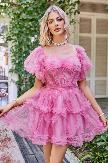 Różowa Gorsetowa Sukienki Na Impreze z Odkrytymi Ramionami