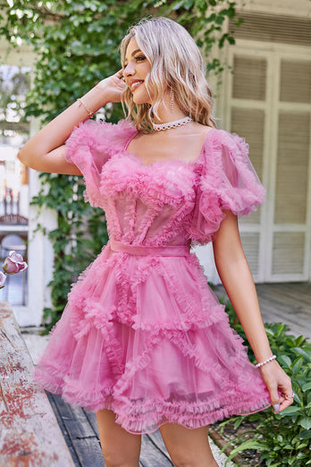 Różowa Gorsetowa Sukienki Na Impreze z Odkrytymi Ramionami