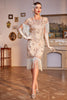 Załaduj obraz do przeglądarki galerii, Cekiny Szampan Ryczący Sukienka Z Frędzlami Lata 20 z Rękawem