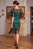 Załaduj obraz do przeglądarki galerii, Cekiny Szampan Ryczący Sukienka Z Frędzlami Lata 20 z Rękawem