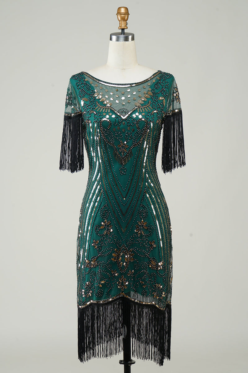 Załaduj obraz do przeglądarki galerii, Ciemnozielone Cekinowe Sukienka Lata 20 z Frędzlami