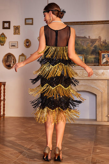 Złote Frędzle Flapper Wielka Sukienka Gatsby Z Cekinami