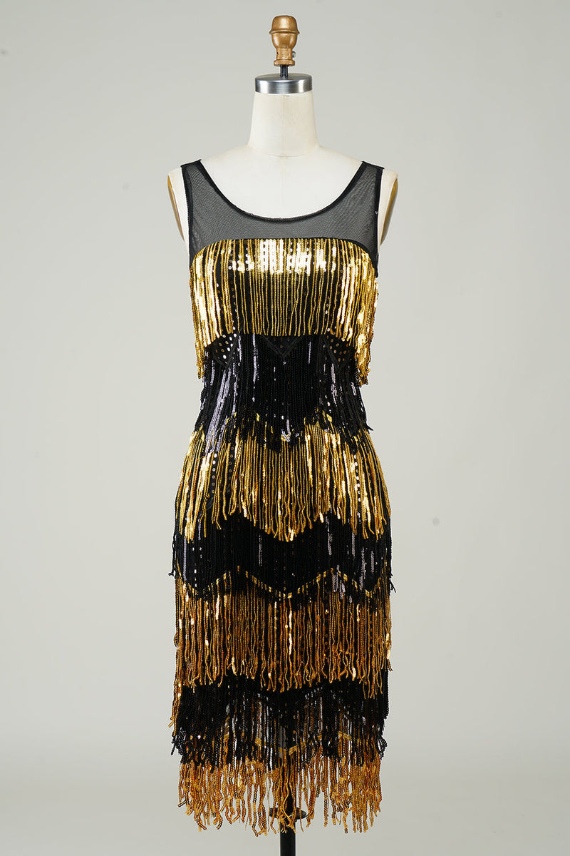 Załaduj obraz do przeglądarki galerii, Złota Sukienka Wielki Gatsby Z Frędzlami