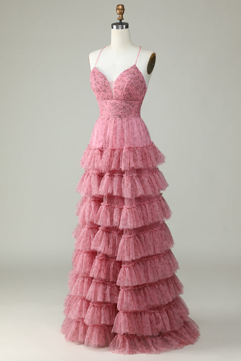 Załaduj obraz do przeglądarki galerii, Linia Cienkich Ramiączkach Warstwowa Różowa Tiulowa Sukienki Na Studniówke Z Kwiatowym Nadrukiem