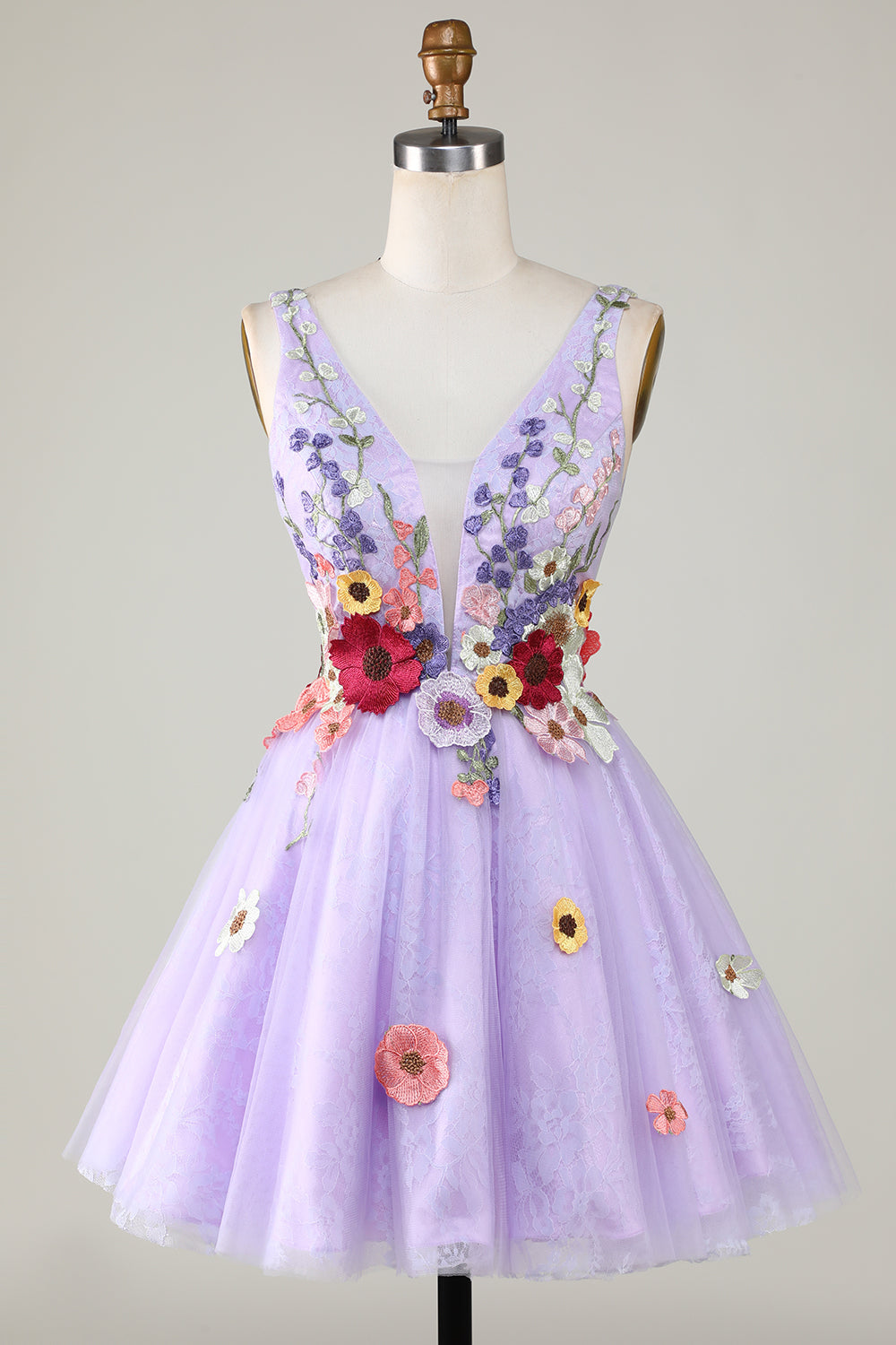 Dekolt V Fioletowe Sukienki Koktajlowe z Kwiatami 3D