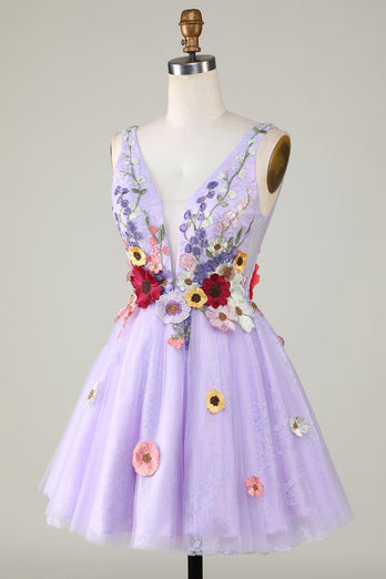 Dekolt V Fioletowe Sukienki Koktajlowe z Kwiatami 3D