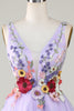 Załaduj obraz do przeglądarki galerii, Dekolt V Fioletowe Sukienki Koktajlowe z Kwiatami 3D