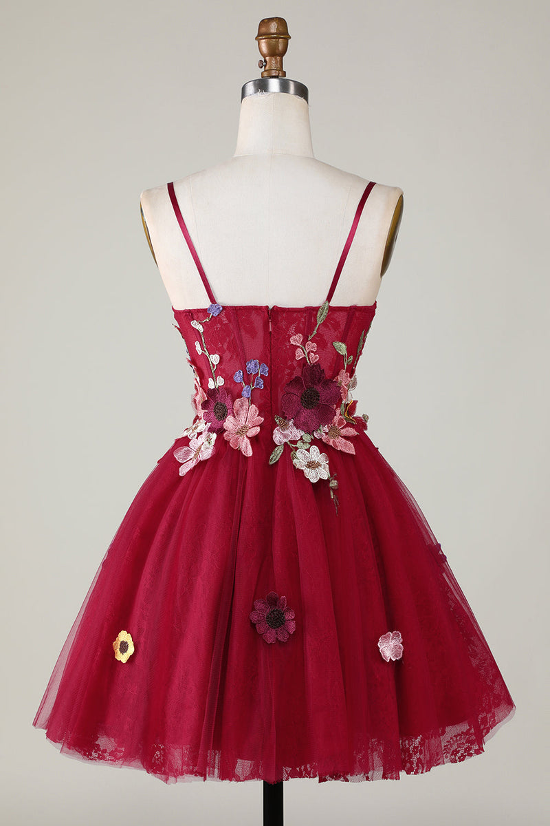 Załaduj obraz do przeglądarki galerii, Wspaniałe Cienkich Ramiączkach Z Linii Burgundia Sukienki Koktajlowe Z Kwiatami 3D