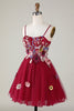 Załaduj obraz do przeglądarki galerii, Wspaniałe Cienkich Ramiączkach Z Linii Burgundia Sukienki Koktajlowe Z Kwiatami 3D