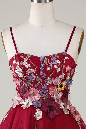Wspaniałe Cienkich Ramiączkach Z Linii Burgundia Sukienki Koktajlowe Z Kwiatami 3D