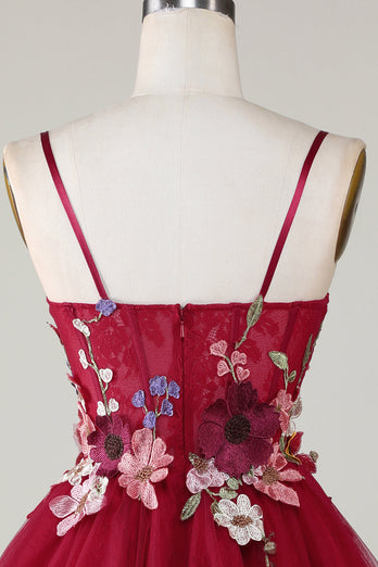 Wspaniałe Cienkich Ramiączkach Z Linii Burgundia Sukienki Koktajlowe Z Kwiatami 3D