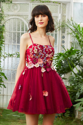 Burgundia Cienkich Ramiączkach Sukienki Na Impreze z Kwiatami 3D