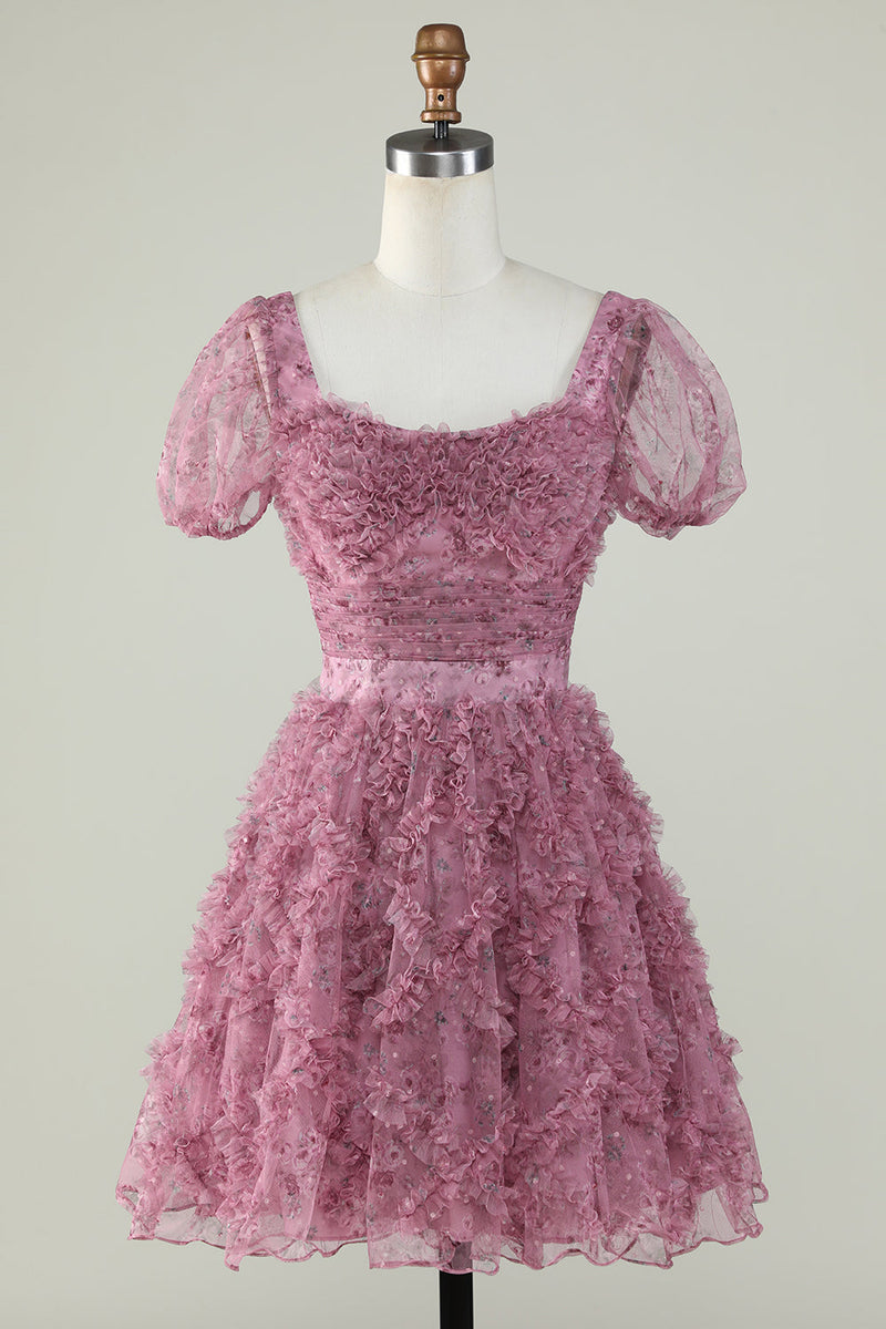 Załaduj obraz do przeglądarki galerii, Różowa Sukienki Na Impreze z Krótki Rękaw