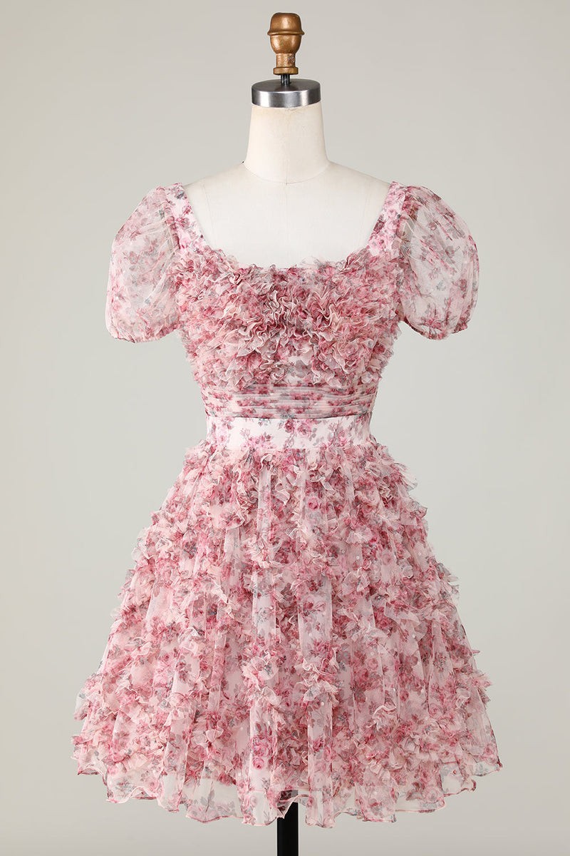 Załaduj obraz do przeglądarki galerii, Cute A Line Floral Ivory Red Flower Homecoming Dress z marszczeniami