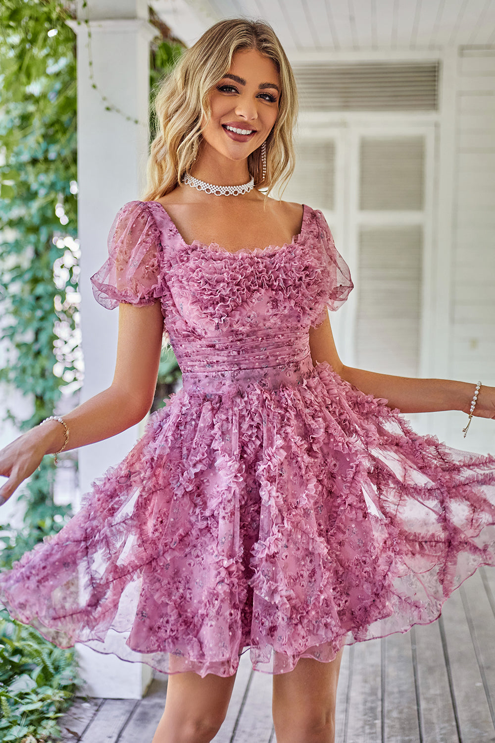 Cute A Line Floral Ivory Red Flower Homecoming Dress z marszczeniami