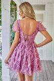 Cute A Line Floral Ivory Red Flower Homecoming Dress z marszczeniami