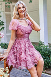 Cute A Line Floral Ivory Red Flower Homecoming Dress z marszczeniami