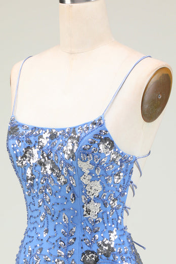 Błyszczące paski spaghetti w pochwie Szaro-niebieskie cekiny Krótka sukienka Homecoming z Criss Cross Back