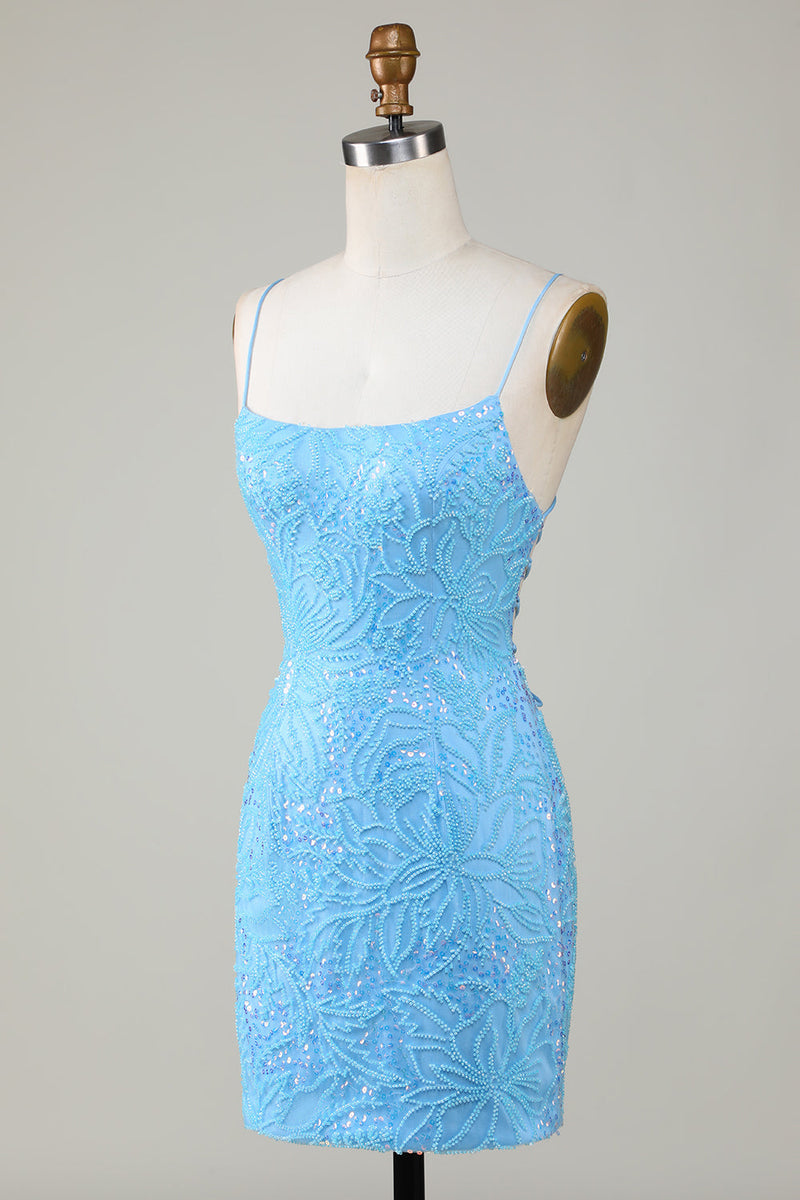 Załaduj obraz do przeglądarki galerii, Błyszcząca Niebieska Obcisła Sukienka Z Koralików
