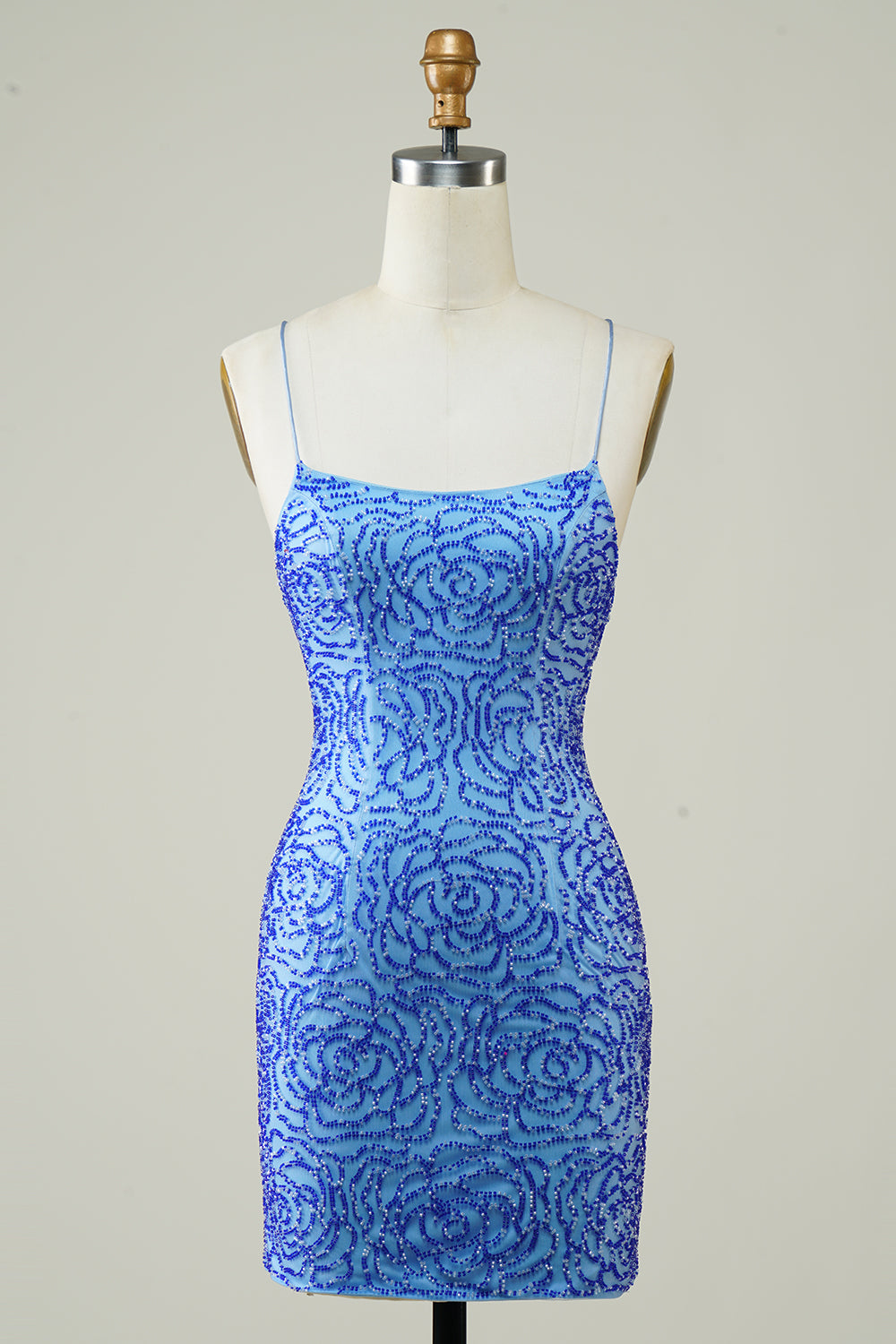 Ramiączka spaghetti Niebieska obcisła brokatowa sukienka Homecoming z koralikami