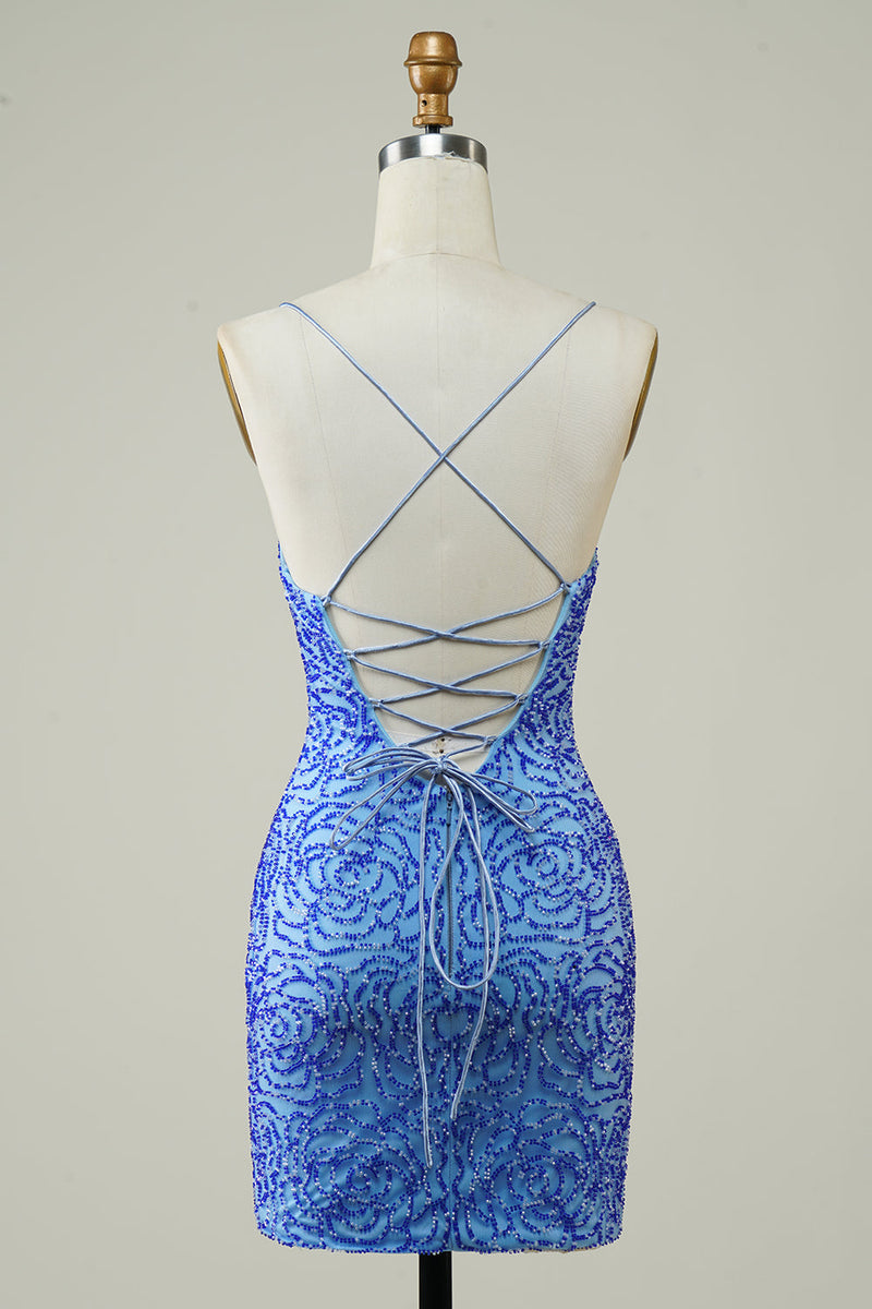 Załaduj obraz do przeglądarki galerii, Ramiączka spaghetti Niebieska obcisła brokatowa sukienka Homecoming z koralikami