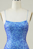 Załaduj obraz do przeglądarki galerii, Ramiączka spaghetti Niebieska obcisła brokatowa sukienka Homecoming z koralikami