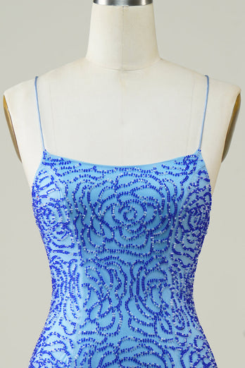 Ramiączka spaghetti Niebieska obcisła brokatowa sukienka Homecoming z koralikami