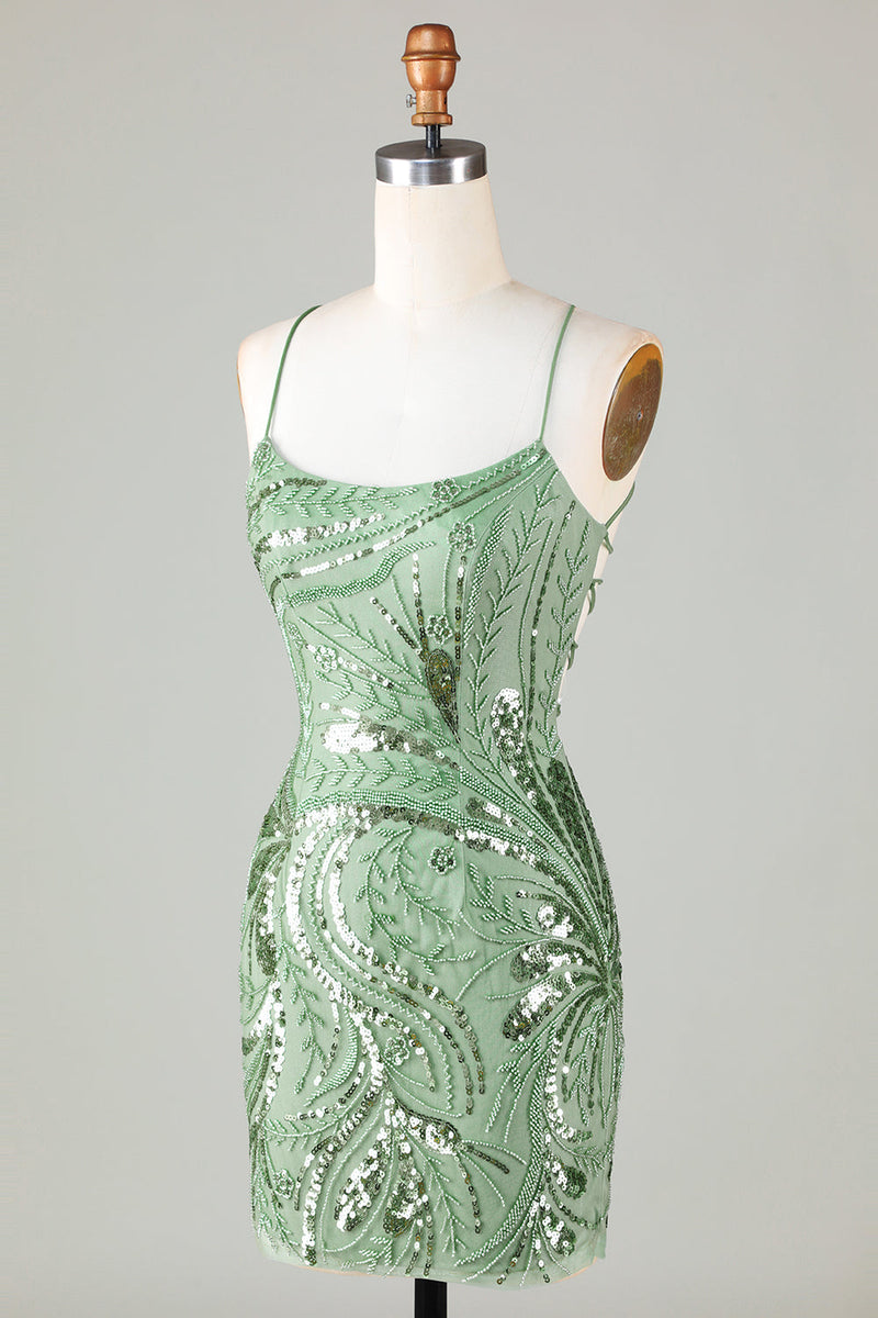 Załaduj obraz do przeglądarki galerii, Błyszczące paski spaghetti w pochwie Zielona krótka sukienka do powrotu do domu z krzyżem Criss