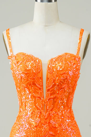 Brokat pomarańczowy obcisły Homecoming Dress z koralikami