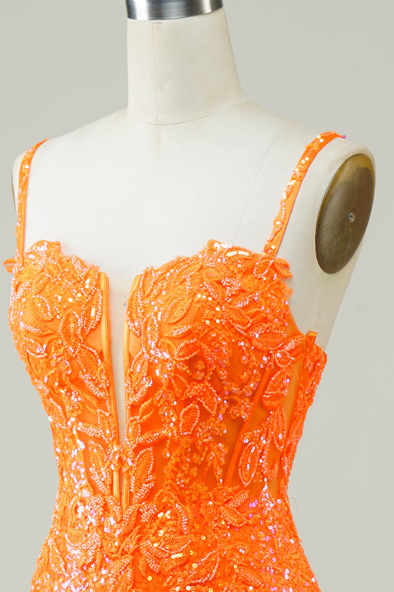 Załaduj obraz do przeglądarki galerii, Brokat pomarańczowy obcisły Homecoming Dress z koralikami