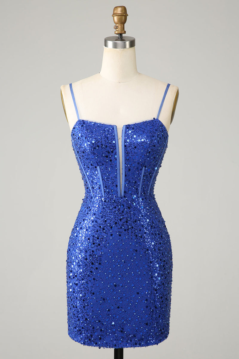 Załaduj obraz do przeglądarki galerii, Royal Blue Bodycon Błyszczące paski spaghetti Sukienka Homecoming