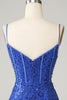 Załaduj obraz do przeglądarki galerii, Royal Blue Bodycon Błyszczące paski spaghetti Sukienka Homecoming