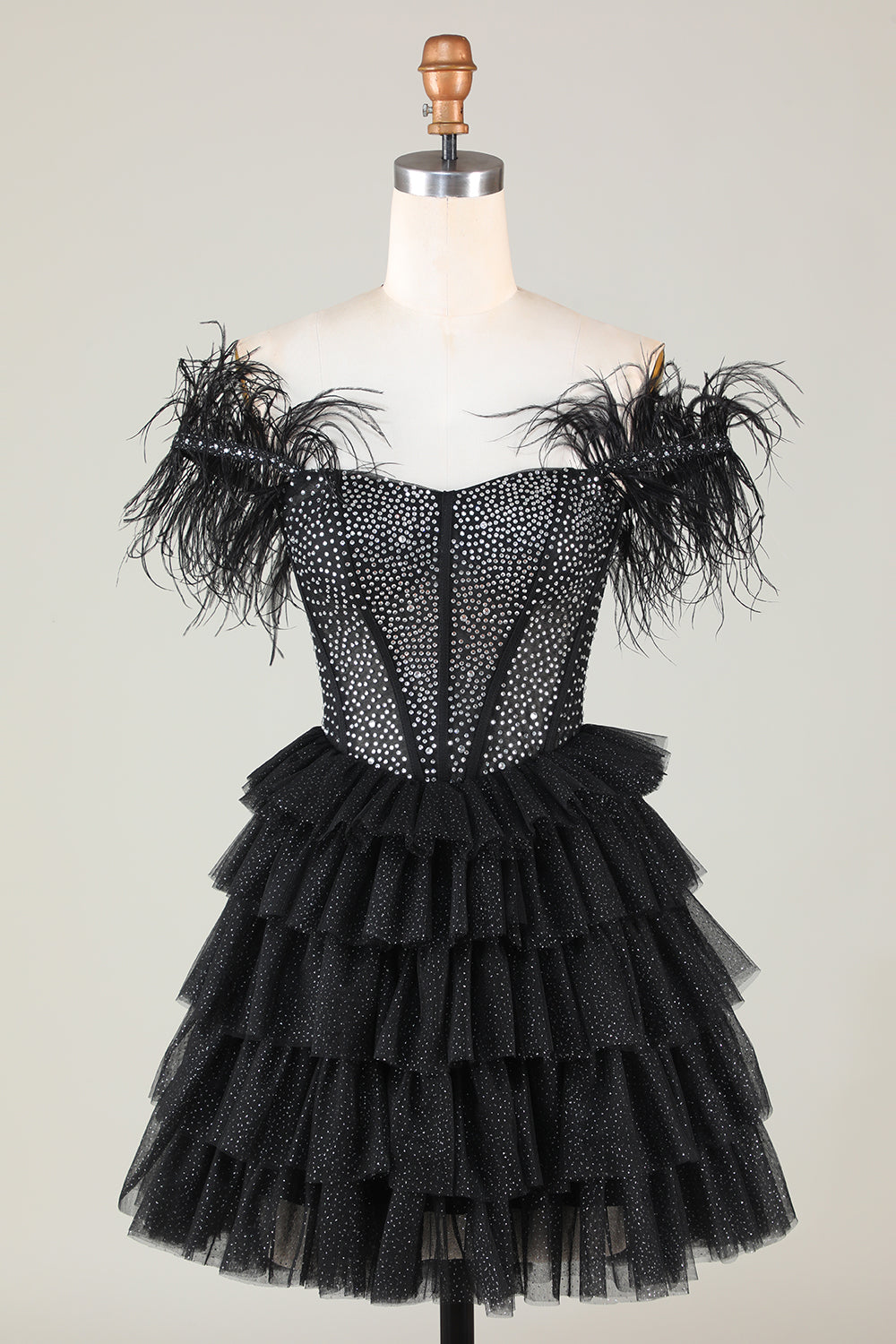 Błyszczący koralik gorset A-line Czarna krótka sukienka Homecoming z piórami