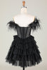 Załaduj obraz do przeglądarki galerii, Błyszczący koralik gorset A-line Czarna krótka sukienka Homecoming z piórami