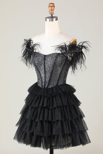 Błyszczący koralik gorset A-line Czarna krótka sukienka Homecoming z piórami