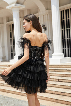 Błyszczący czarny gorset z koralików A-line Krótka sukienka Homecoming z piórami