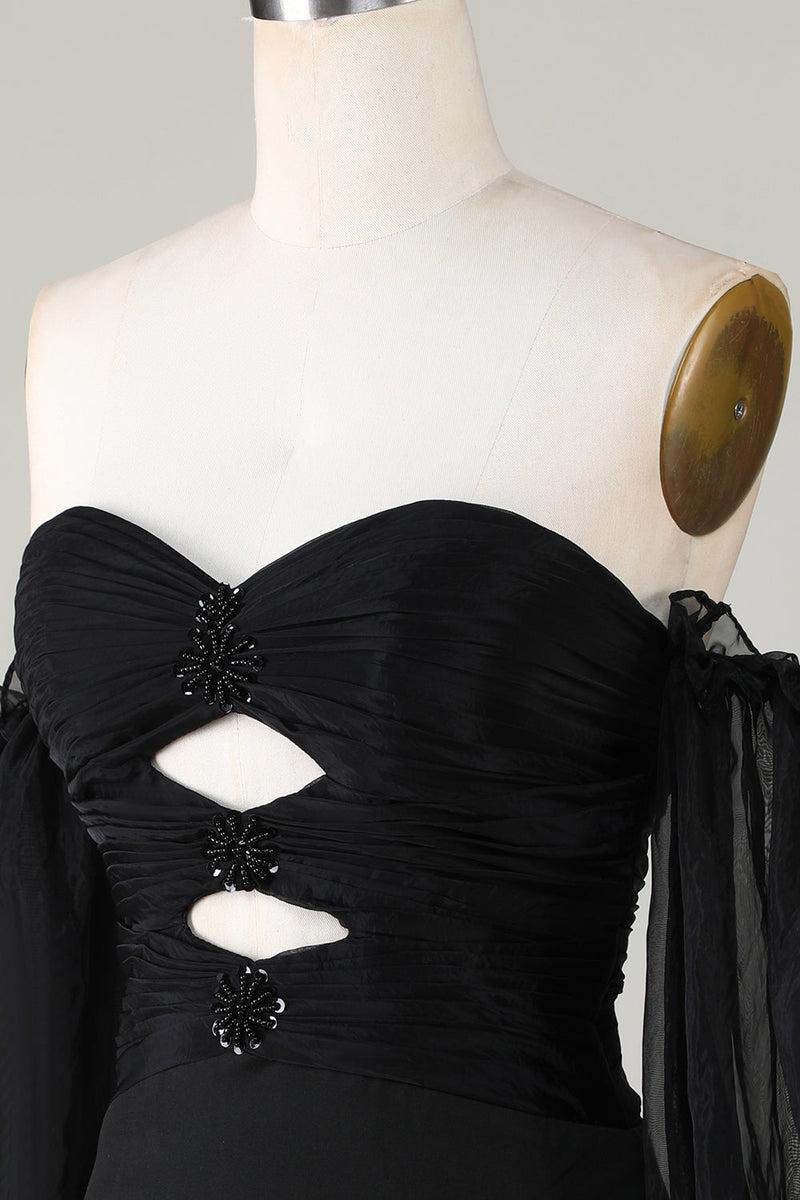 Załaduj obraz do przeglądarki galerii, Czarna Sukienka z Odkrytymi Ramionami Z Dlugim Rekawem