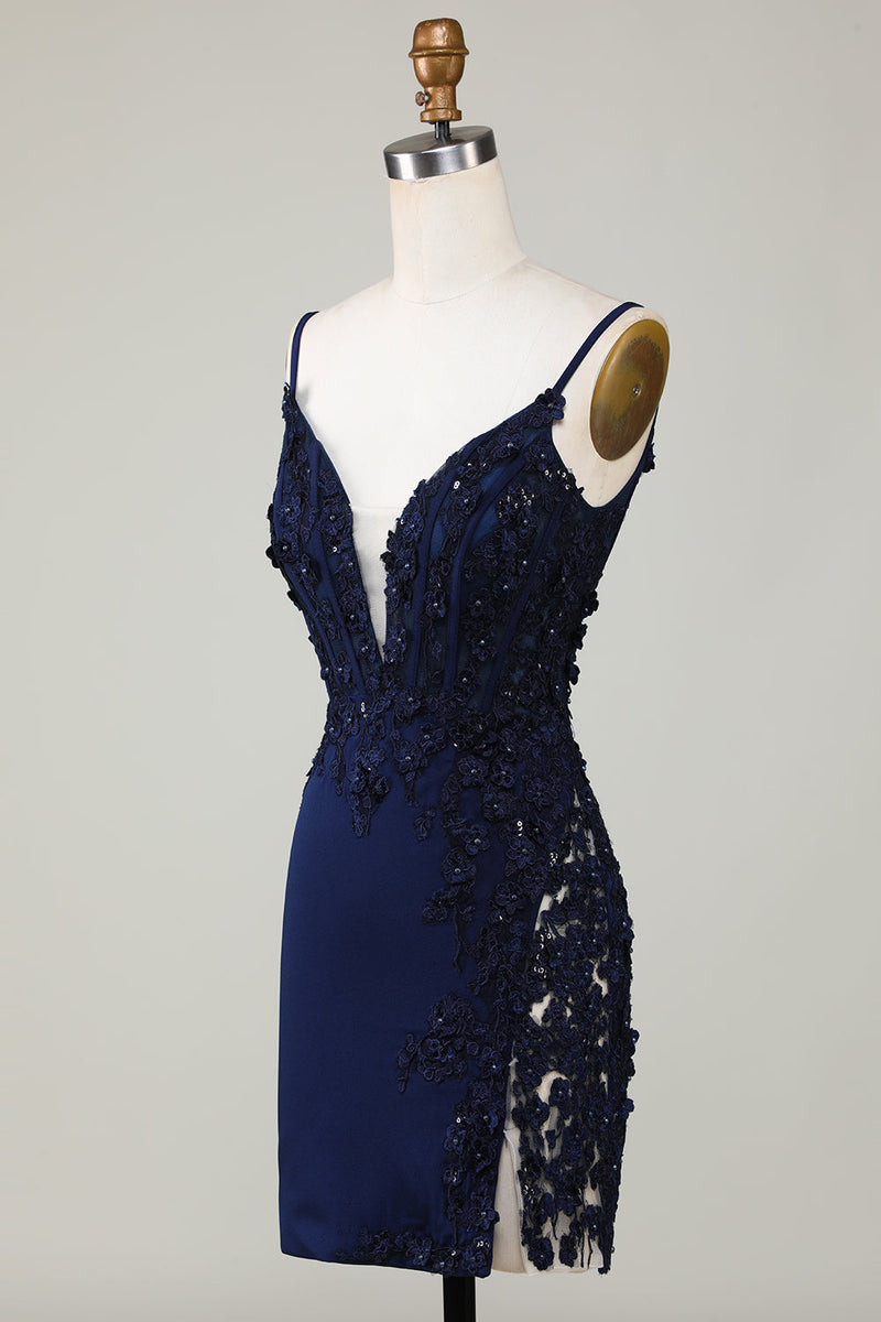Załaduj obraz do przeglądarki galerii, Błyszczący Granatowy Gorsetem Krótkie Sukienki Na Impreze Z Koronką